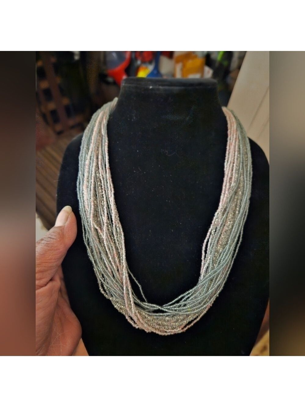 Vintage Multi-strand Grey and Pink Glass Seed Bead Necklace